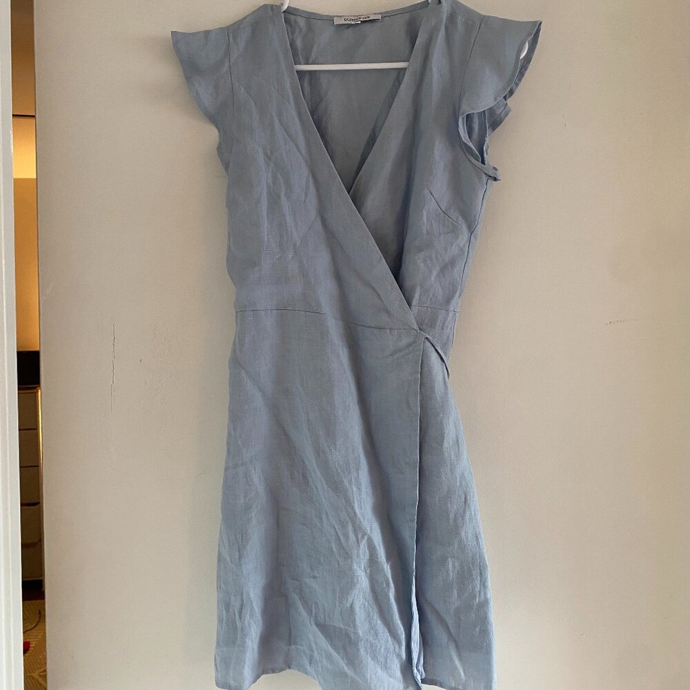 Olivaceous Blue Linen Blend Wrap Dress with Ruffle Sleeves – Size Small